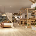 Modern Home Showroom Interior With Bed Sofa And Wooden Shelves