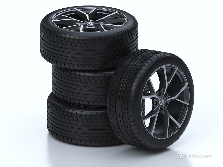 Stacked and Leaning Car Tires with Modern Alloy Wheels and Tread Pattern 3d model 