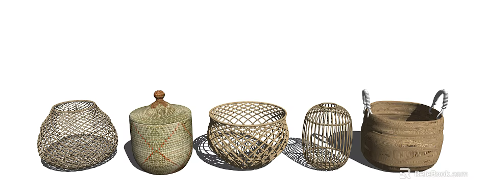 Handwoven Storage Baskets with Lids in Various Shapes and Natural Tones 3d model 