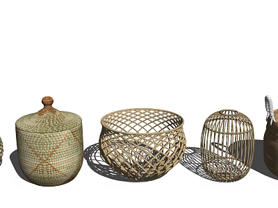 Handwoven Storage Baskets with Lids in Various Shapes and Natural Tones 3d model