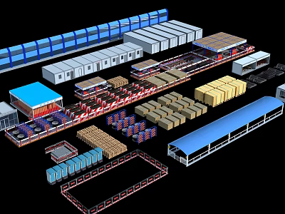 Logistics Facility Layout With Storage Structures Cargo Containers And Conveyor Systems 3d model