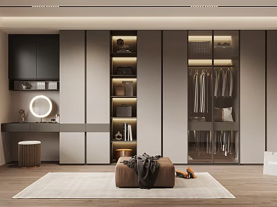 Modern Walk in Closet Interior With Cabinets Hanging Clothes Storage Shelves And Mirror 3d model