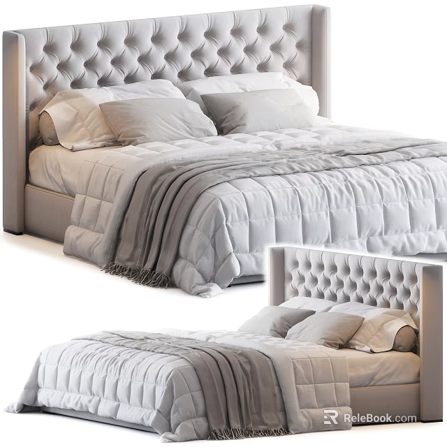 Elegant Double Bed With Tufted Headboard Neutral Tones Soft Bedding And Plush Comforter 3d model