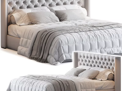 Elegant Double Bed With Tufted Headboard Neutral Tones Soft Bedding And Plush Comforter 3d model