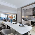 Modern Living and Dining Room with Large Windows City View Sofa TV and Plants