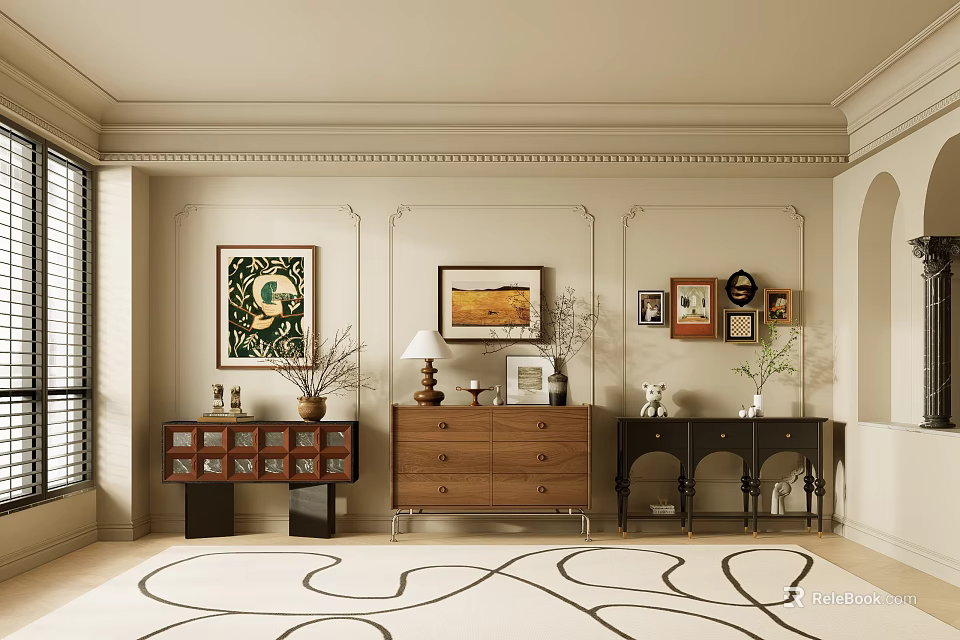 Elegant Modern Living Room Decorative Cabinets With Wall Art Vases Windows And Rug 3d model 