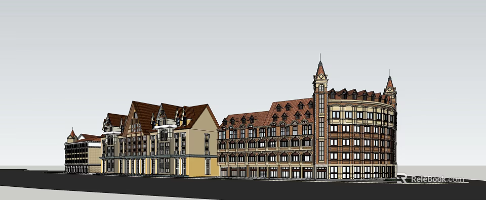 European Style Commercial Street with Clock Tower Spire Red Brown Roofs and Yellow Brown Facades 3d model 