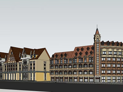 European Style Commercial Street with Clock Tower Spire Red Brown Roofs and Yellow Brown Facades 3d model