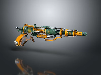 Futuristic Yellow And Green Weapon With Intricate Mechanical Design And Ornamental Details 3d model