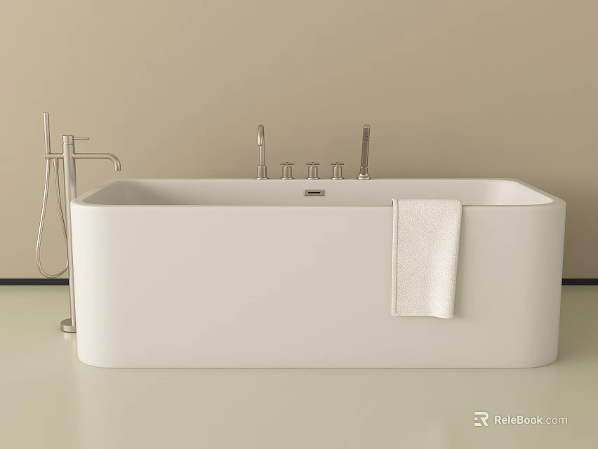 White Freestanding Bathtub With Chrome Faucet And White Towel On Beige Wall Background 3d model 