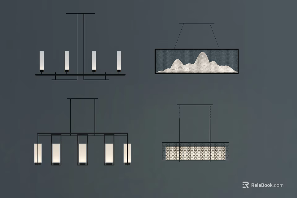 Modern Chandeliers With Geometric Frames Cylindrical Shades And Mountain Inspired Elements 3d model