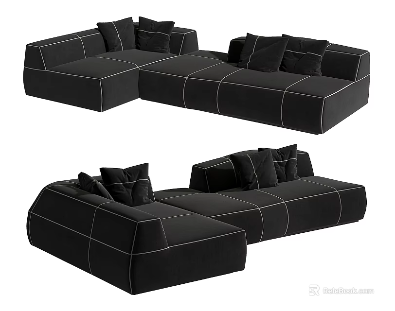 Black L Shaped Sectional Sofa With White Stitching And Plush Cushions 3d model