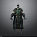 Fantasy Warrior Character with Intricate Green Black Armor Spiked Details and Flowing Cloak Design