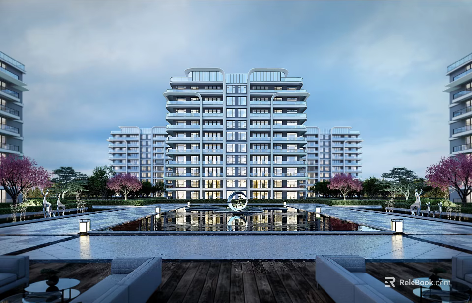 Modern High Rise Residential Building With Landscaped Garden Water Feature And Outdoor Seating 3d model 