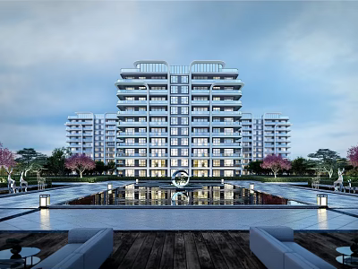 Modern High Rise Residential Building With Landscaped Garden Water Feature And Outdoor Seating 3d model