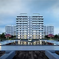 Modern High Rise Residential Building With Landscaped Garden Water Feature And Outdoor Seating