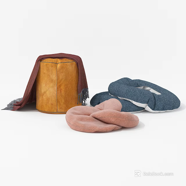 Stylish Brown Leather Ottoman With Soft Blankets And Cozy Pillows 3d model 
