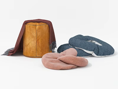 Stylish Brown Leather Ottoman With Soft Blankets And Cozy Pillows 3d model