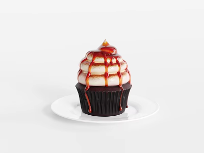 Delicious Cupcake With Fluffy Frosting And Caramel Drizzle On White Plate 3d model
