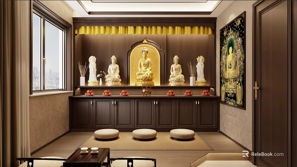 Serene Buddhist Shrine Interior With Golden Buddha Statues Yellow Decorations And Prayer Cushions 3d model 