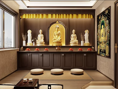 Serene Buddhist Shrine Interior With Golden Buddha Statues Yellow Decorations And Prayer Cushions 3d model