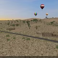 Sandy Desert Landscape With Colorful Hot Air Balloons Railroad Track Thatched Huts And Scattered Trees