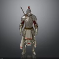 Man In Medieval Silver Plated Armor With Red Accents And Spear
