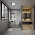 Modern Bathroom Interior with White Toilet Vanity Green Plant Mirror and Light Gray Walls