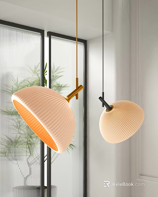 Modern Peach Colored Pendant Lights With Golden Black Frames By Window And Plant 3d model 