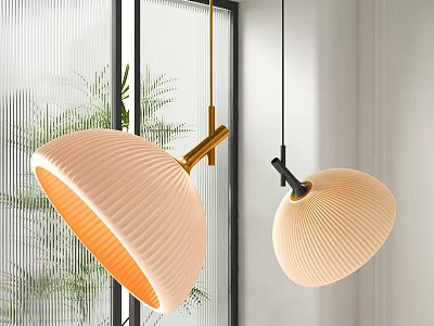 Modern Peach Colored Pendant Lights With Golden Black Frames By Window And Plant 3d model