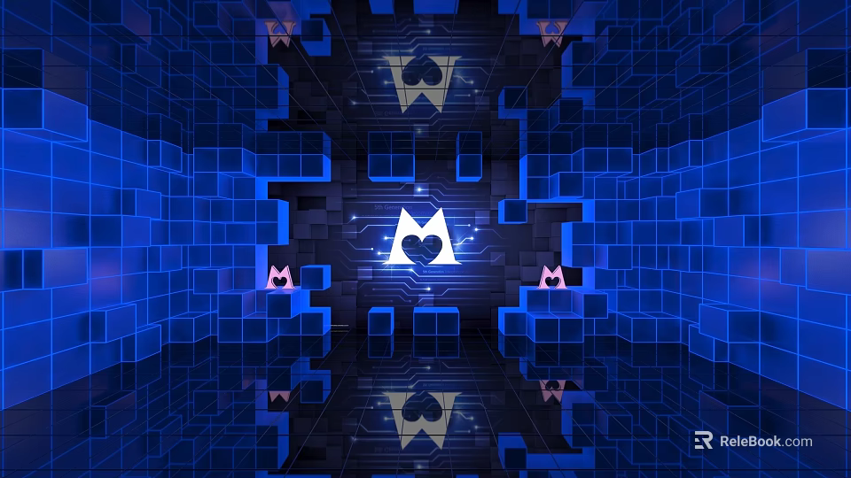 Blue Tech Style Cube Space With White M Symbol Spades Clovers And Mirror Effect 3d model 