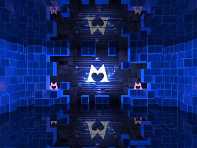 Blue Tech Style Cube Space With White M Symbol Spades Clovers And Mirror Effect 3d model