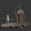 Antique Mechanical Steam Device Featuring Iron Boiler Red Wheel And Brick Base Structure