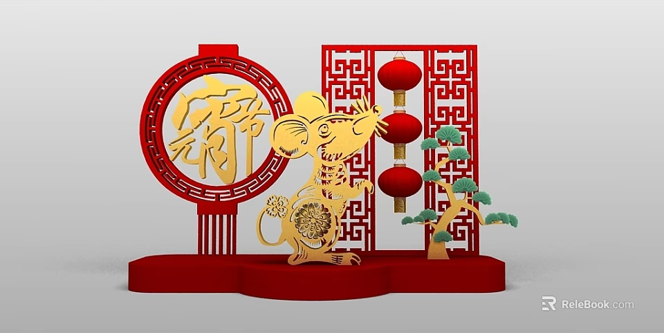 Chinese New Year Decorations With Red Lanterns Golden Rat Fu Character And Pine Tree 3d model 