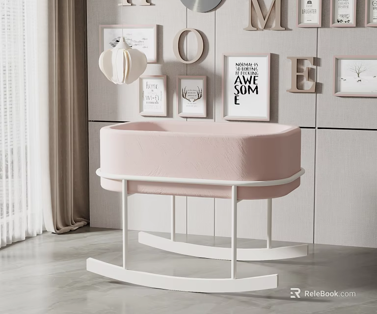 Pink Baby Crib With White Rocking Frame And Decorative Wall Art Letters 3d model 