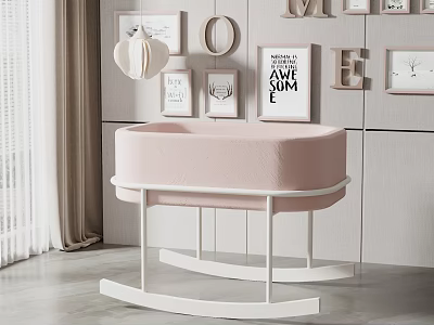 Pink Baby Crib With White Rocking Frame And Decorative Wall Art Letters 3d model