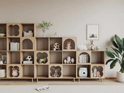Wooden Decorative Shelves With Stuffed Toys Books Green Plant And Vintage Camera 3d model
