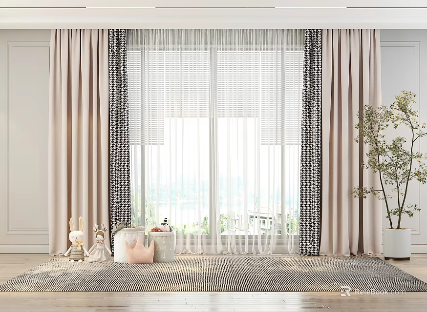 Beige Curtains with Black Accents White Sheer Panels and Indoor Decor for Bright Window View 3d model 