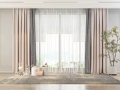 Beige Curtains with Black Accents White Sheer Panels and Indoor Decor for Bright Window View 3d model