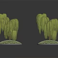 Two Graceful Weeping Willow Plants On Circular Grassy Bases With Green Foliage
