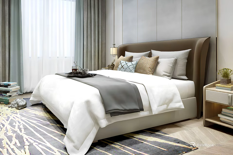 Modern Double Bed with Brown Headboard White Bedding Decorative Pillows and Geometric Rug 3d model 
