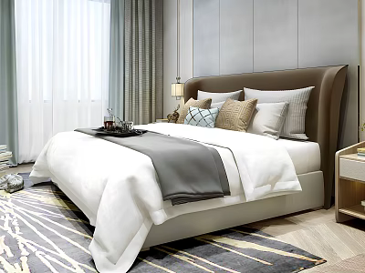 Modern Double Bed with Brown Headboard White Bedding Decorative Pillows and Geometric Rug 3d model