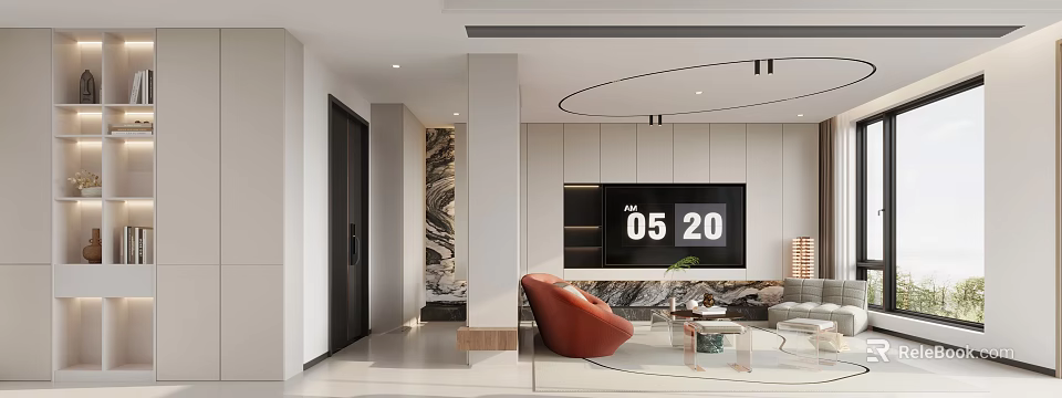 Modern Living Room Interior Design With Red Sofa TV Wall And Marble Decor 3d model 
