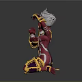 Futuristic Fantasy Character With Red Yellow Armor Intricate Ornaments White Headdress In Kneeling Pose