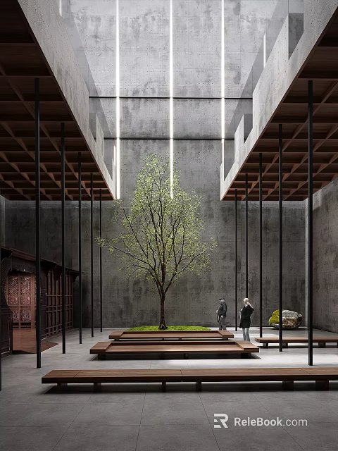 Indoor Garden Landscape Featuring a Tree Grass Area Stone and Wooden Beams Under Concrete Columns 3d model 