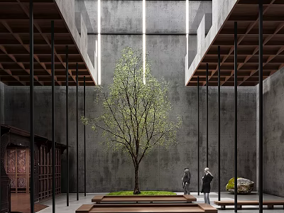 Indoor Garden Landscape Featuring a Tree Grass Area Stone and Wooden Beams Under Concrete Columns 3d model