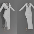 White Fitted Long Dress With V Neck Long Sleeves Cut Out Waist And Slit Hem