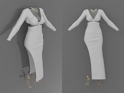 White Fitted Long Dress With V Neck Long Sleeves Cut Out Waist And Slit Hem 3d model