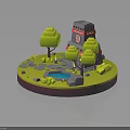 3D Model Scene With Green Trees Gray Tower Small Pond Stones And Circular Base 3d model