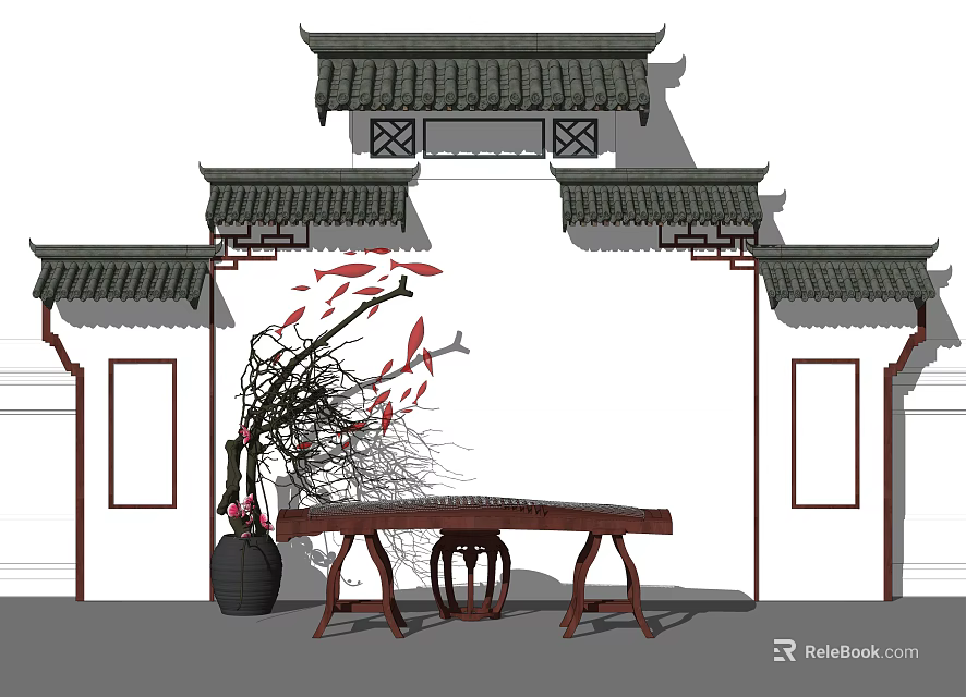 Classical Chinese Guqin and Painting Tools in Traditional Setting with Wooden Table and Tiled Roof 3d model 